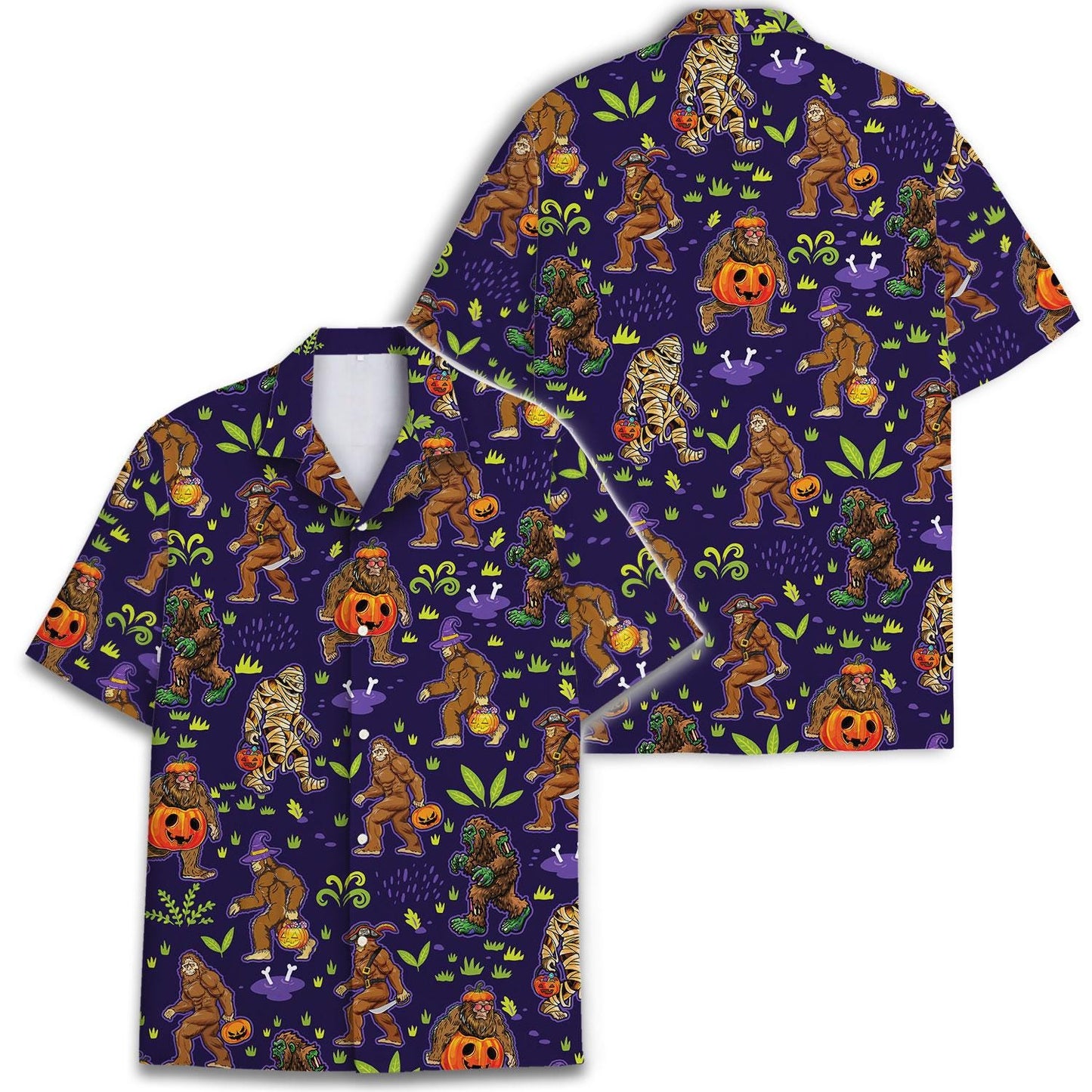 Two purple Halloween Hawaiian shirts showing the Bigfoot and Sasquatch print from front and back