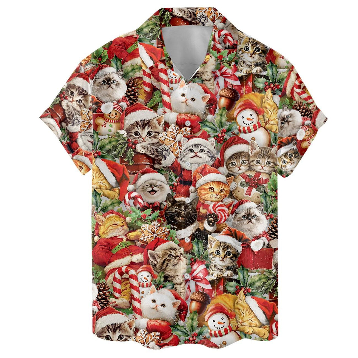 Front view of Christmas kitten Hawaiian shirt with poinsettias, presents and candy canes