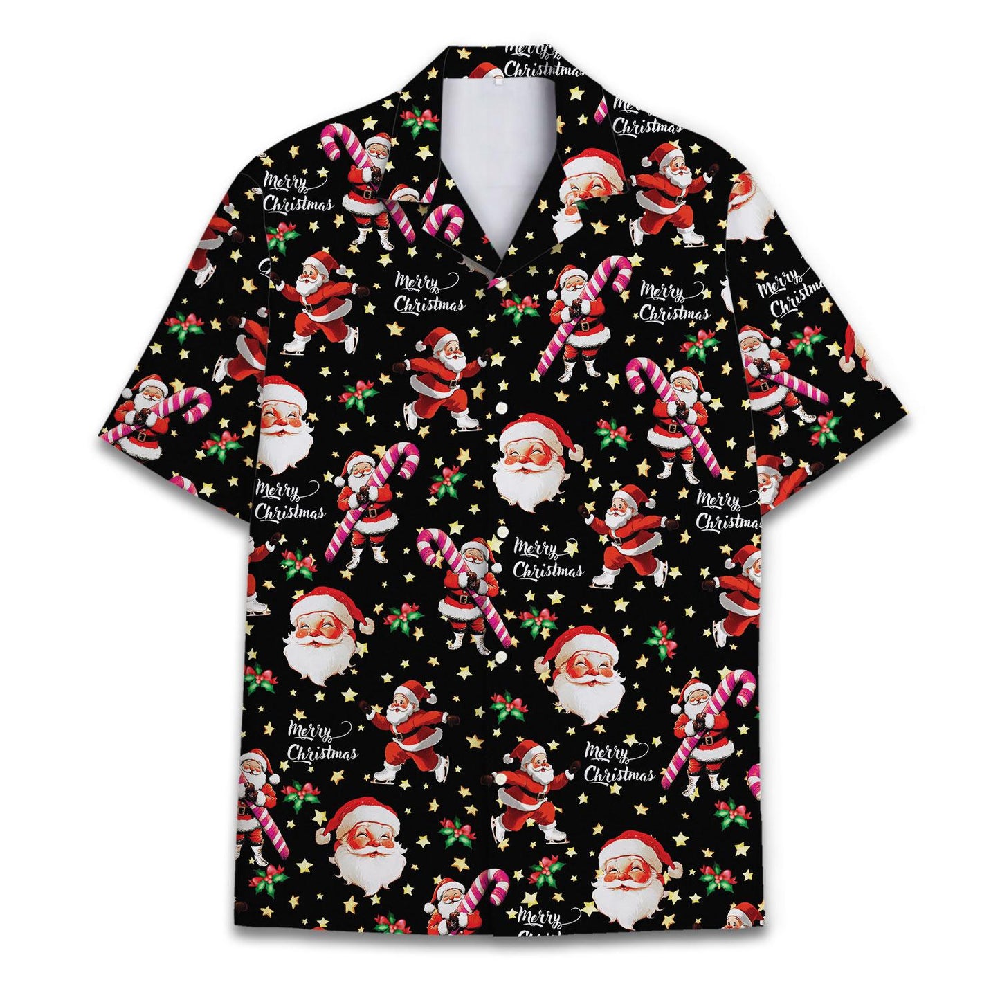 Black Christmas Hawaiian shirt with Santa and candy cane pattern