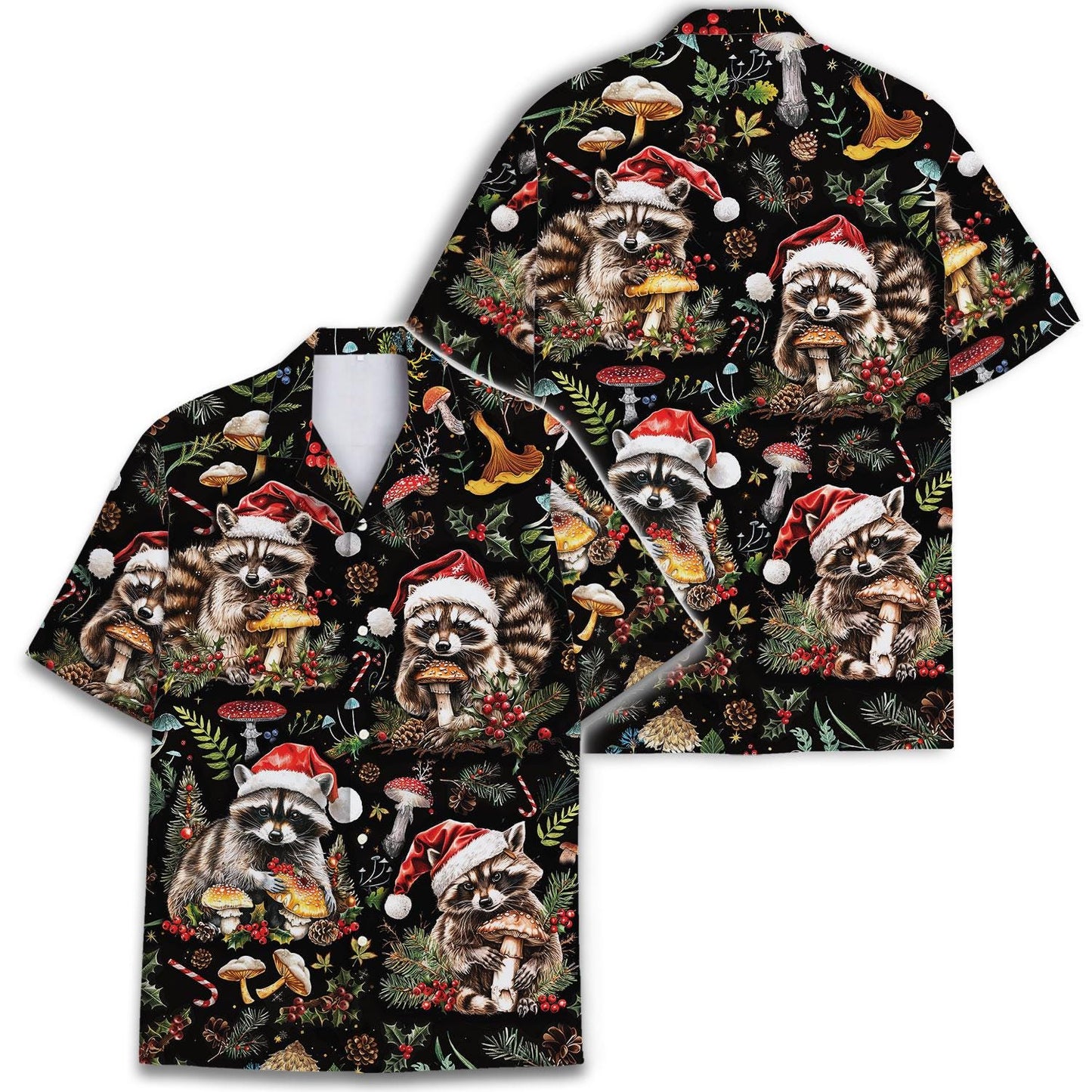 Two views of festive raccoon and mushroom Hawaiian shirt