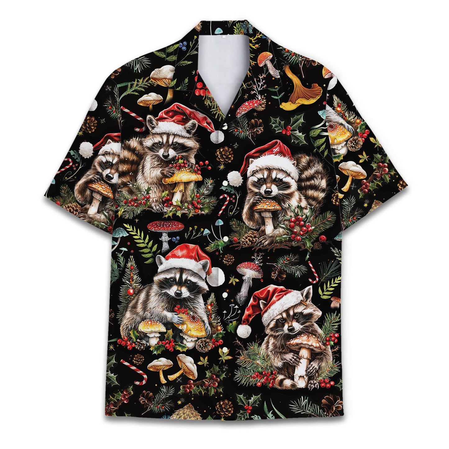Front view of black Christmas Hawaiian shirt with raccoons wearing Santa hats