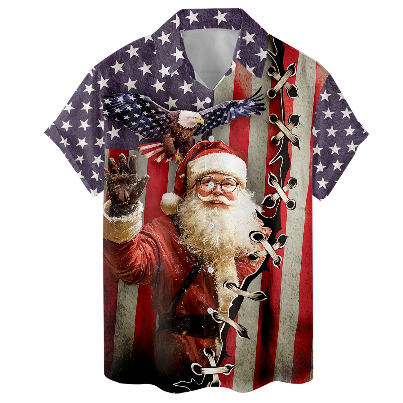 Front view of a festive Santa bald eagle American flag Hawaiian shirt