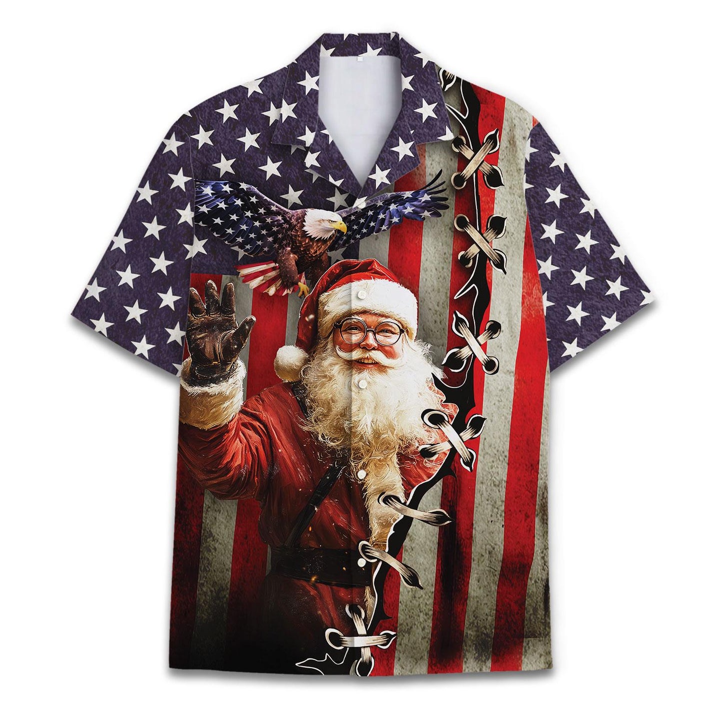 Front view of a Santa Claus and bald eagle Christmas Hawaiian shirt with American flag stars and stripes