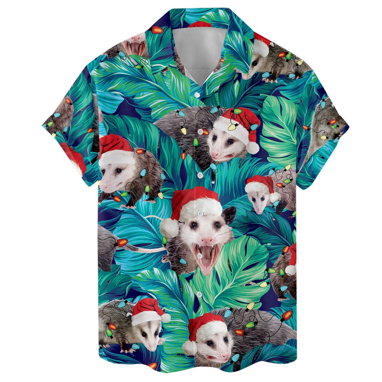 Front view of tropical Christmas shirt featuring playful opossums