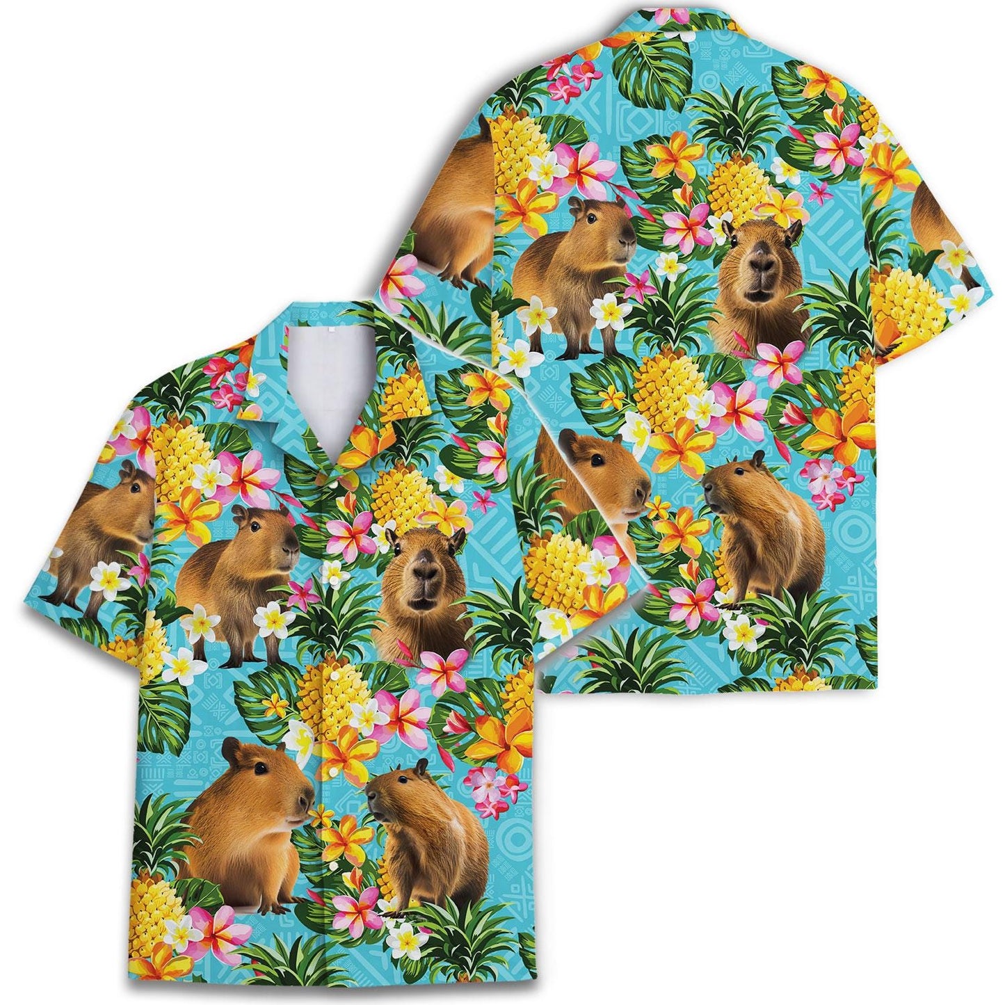 Front and back views of a colorful capybara Hawaiian shirt with a tropical floral print