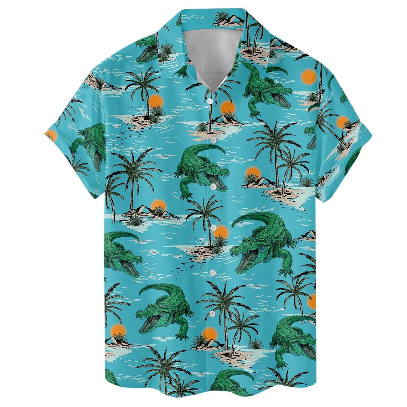 Flat front view of short-sleeve turquoise island print Hawaiian shirt
