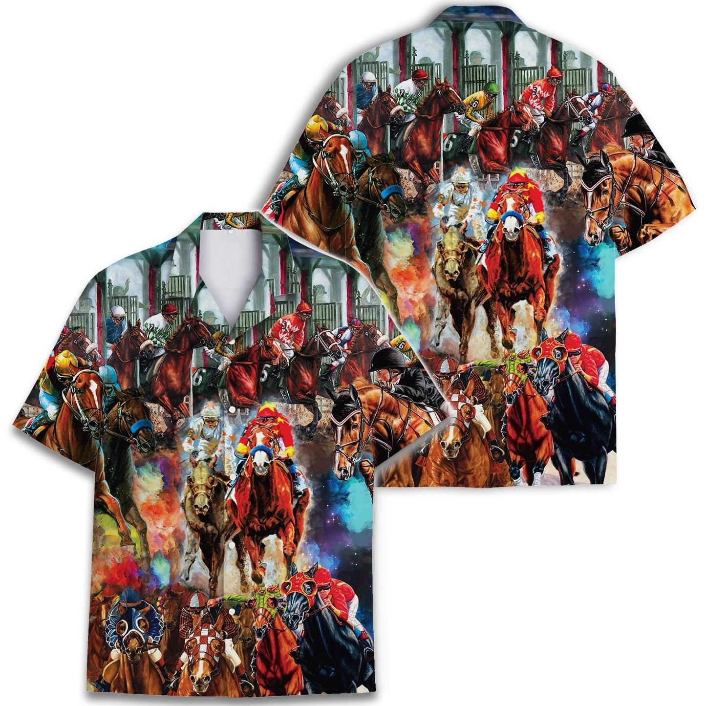 Two matching horse racing Hawaiian shirts with all-over jockey print