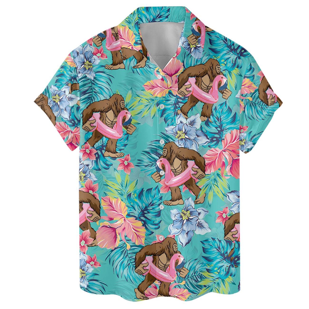 Turquoise Hawaiian shirt showing the playful ape and pink flamingo tropical pattern