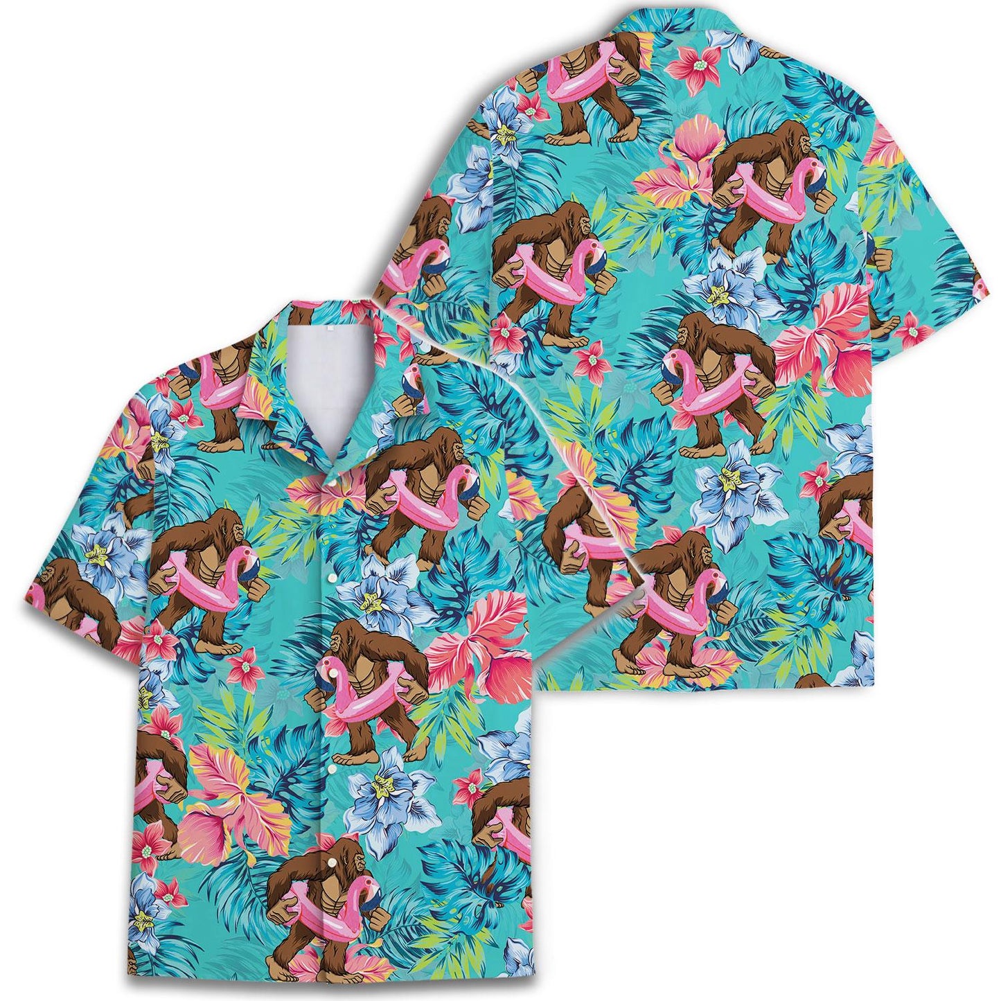 Two views of a turquoise tropical Hawaiian shirt featuring a repeating ape, flamingo, and floral print