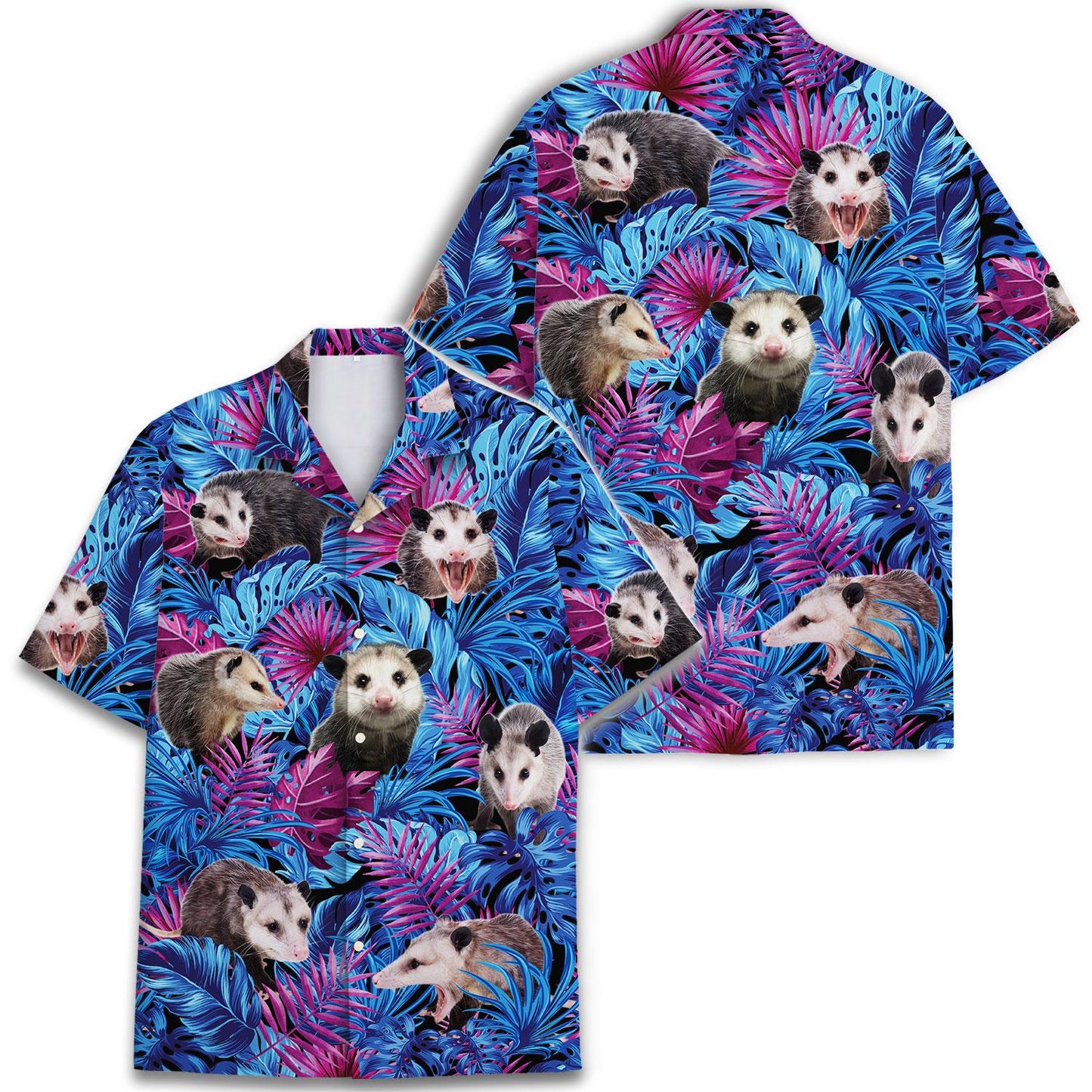 Two views of an opossum tropical Hawaiian shirt with blue and magenta leaf artwork