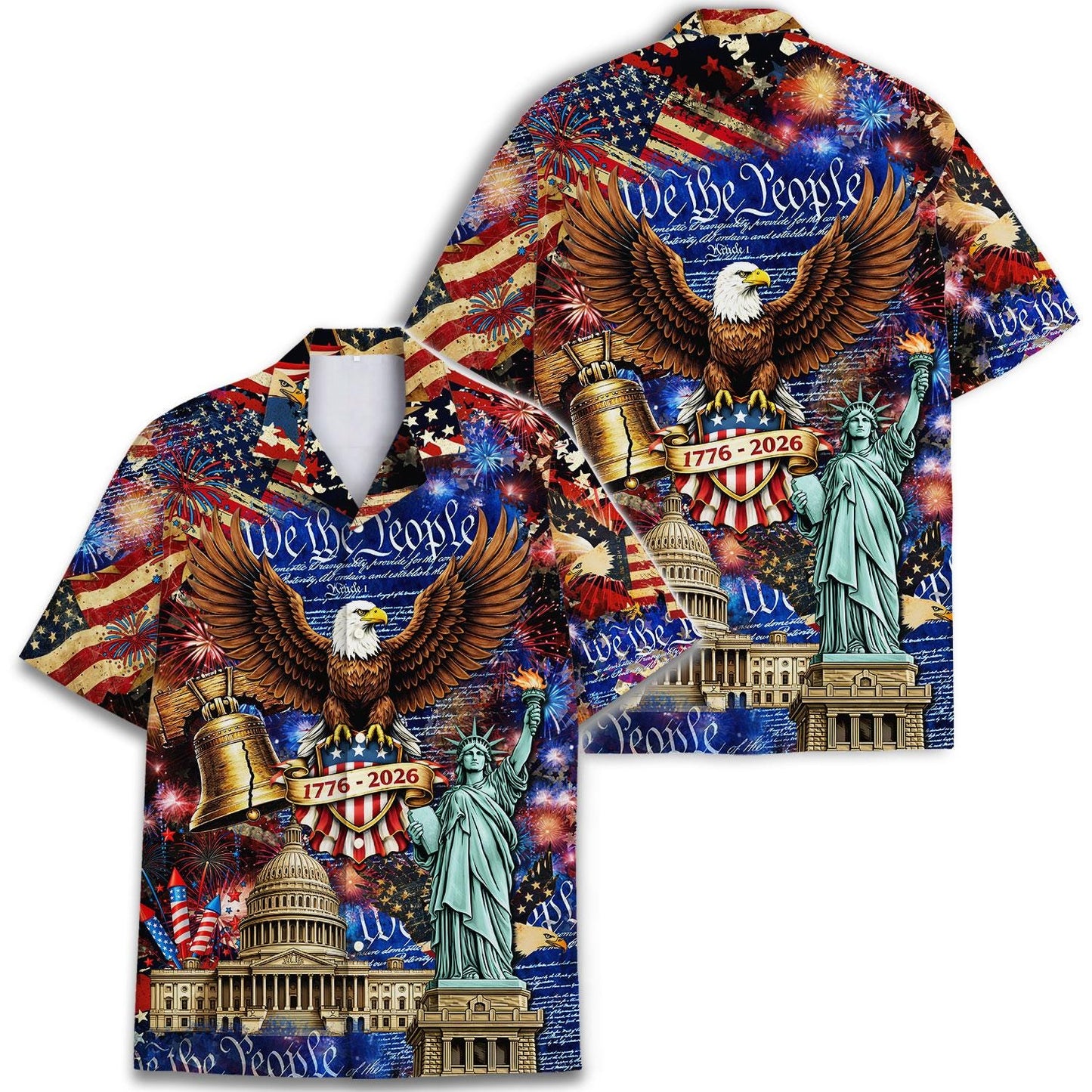 Two views of the patriotic eagle 1776-2026 Hawaiian shirt