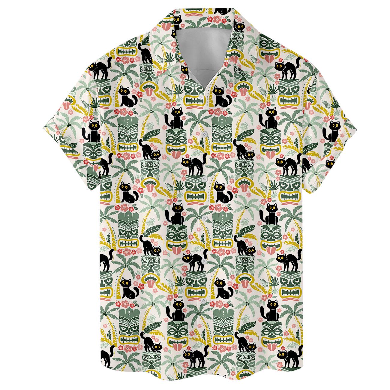 Front view of a short sleeve black cat Hawaiian shirt with a curved hem