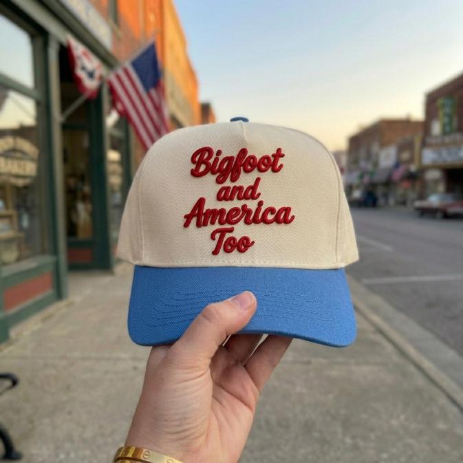 Front view of a light crown and blue brim trucker cap embroidered with Bigfoot and America Too