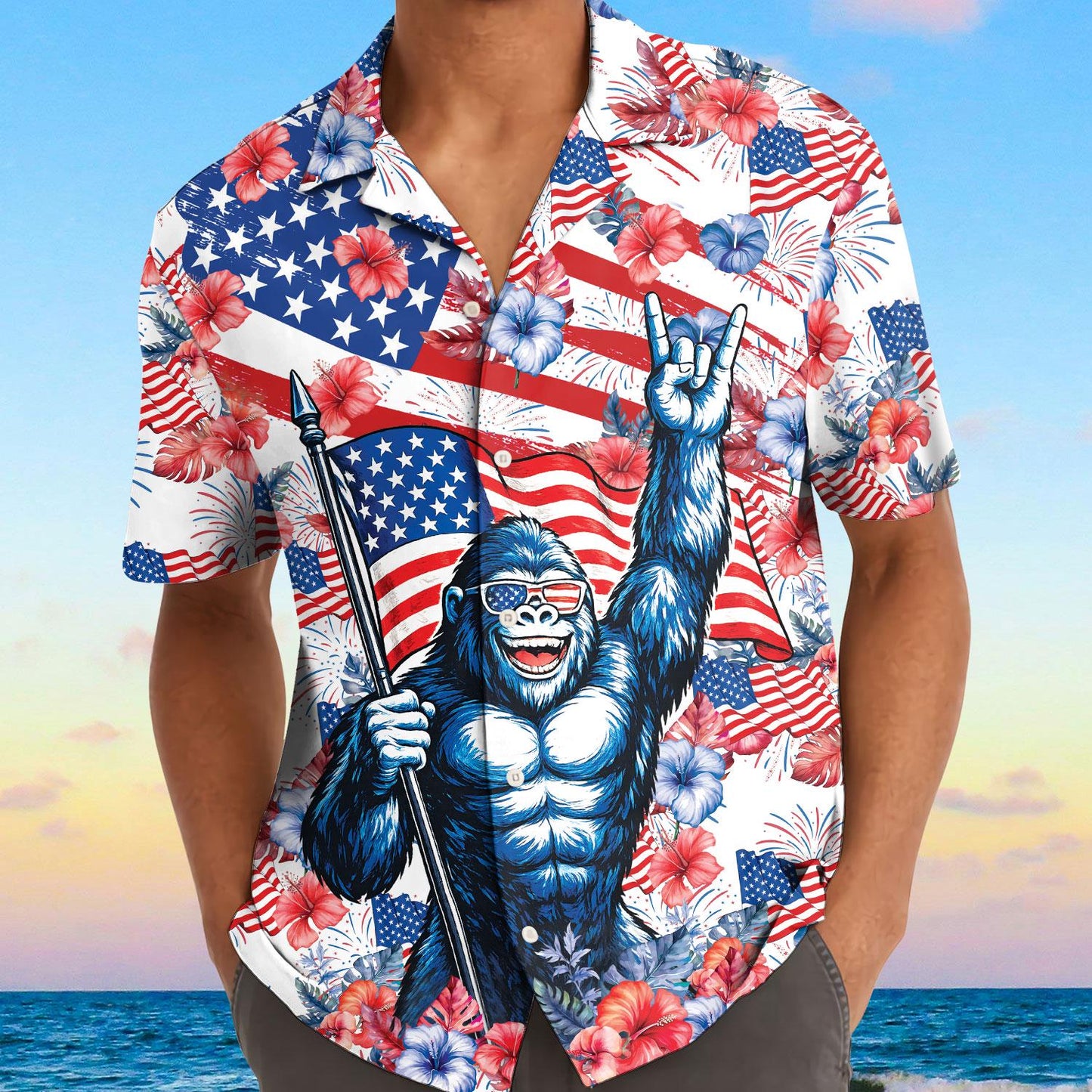 Close view of American flag and gorilla Hawaiian shirt design