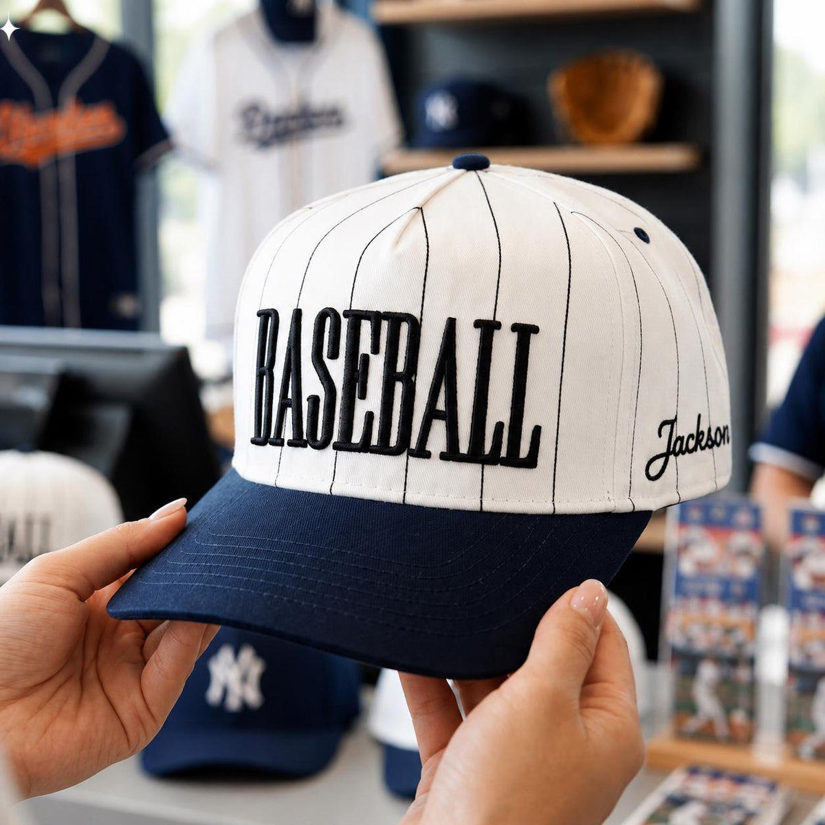 Close-up of white pinstripe baseball hat featuring embroidered BASEBALL text and Jackson side detail