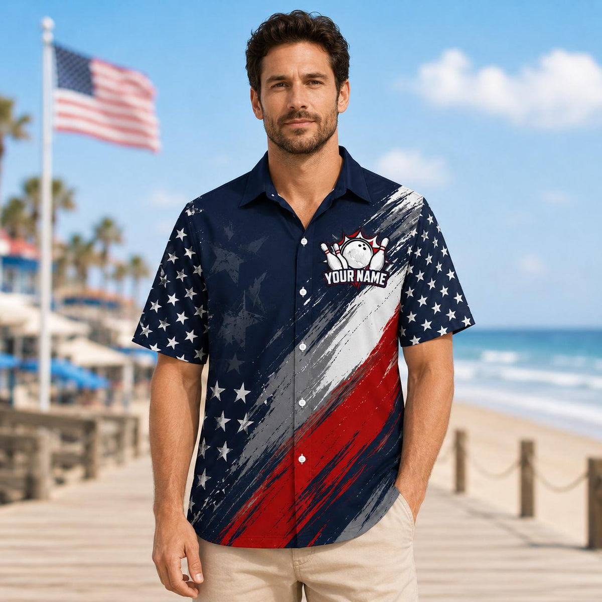 Model wearing the American flag bowling shirt at a beach boardwalk