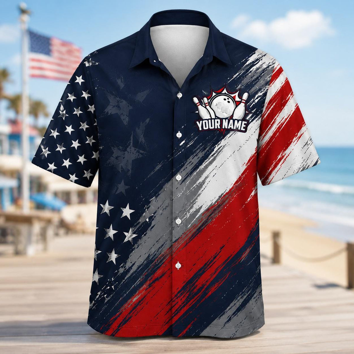 Back view of patriotic bowling Hawaiian shirt with team name text and bowling pins
