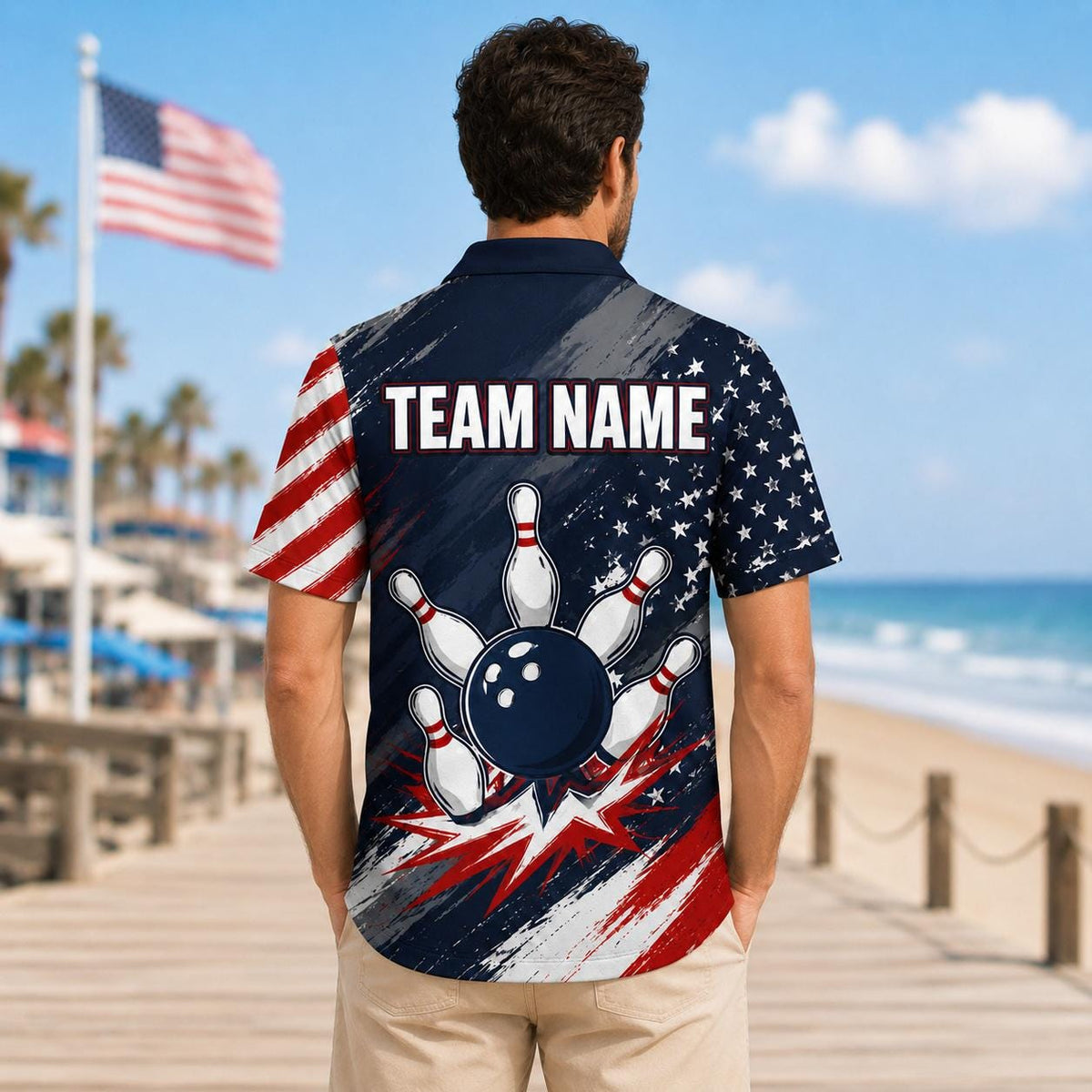 Back view on model showing team name and bowling ball design