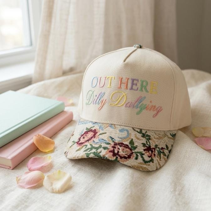 Floral embroidered hat resting on a bed beside pastel books and flower petals