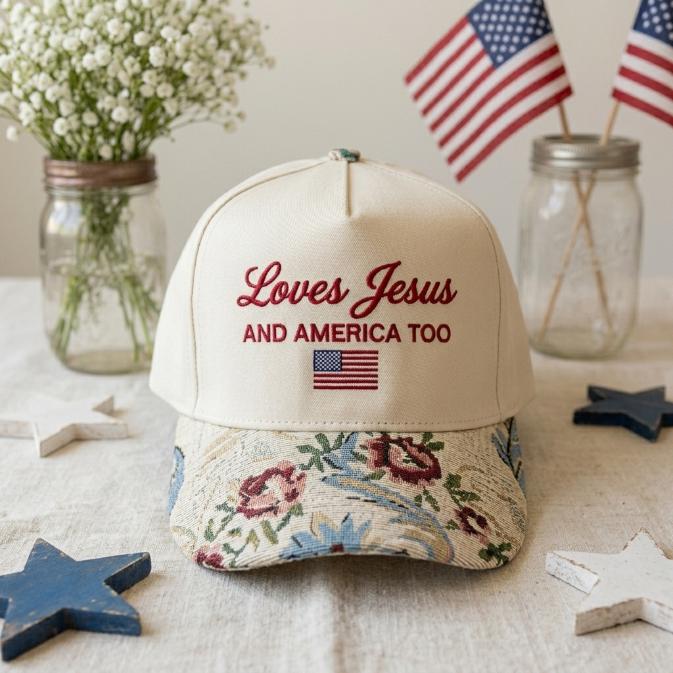 Cream embroidered hat with “Loves Jesus and America Too” text, American flag detail, and floral-patterned brim