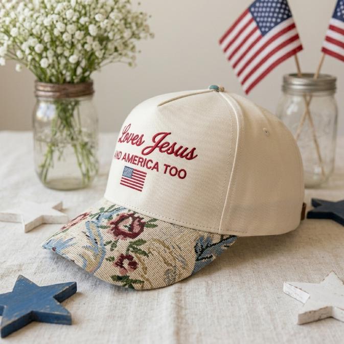 Side view of cream Christian hat showing floral-patterned brim and front embroidery