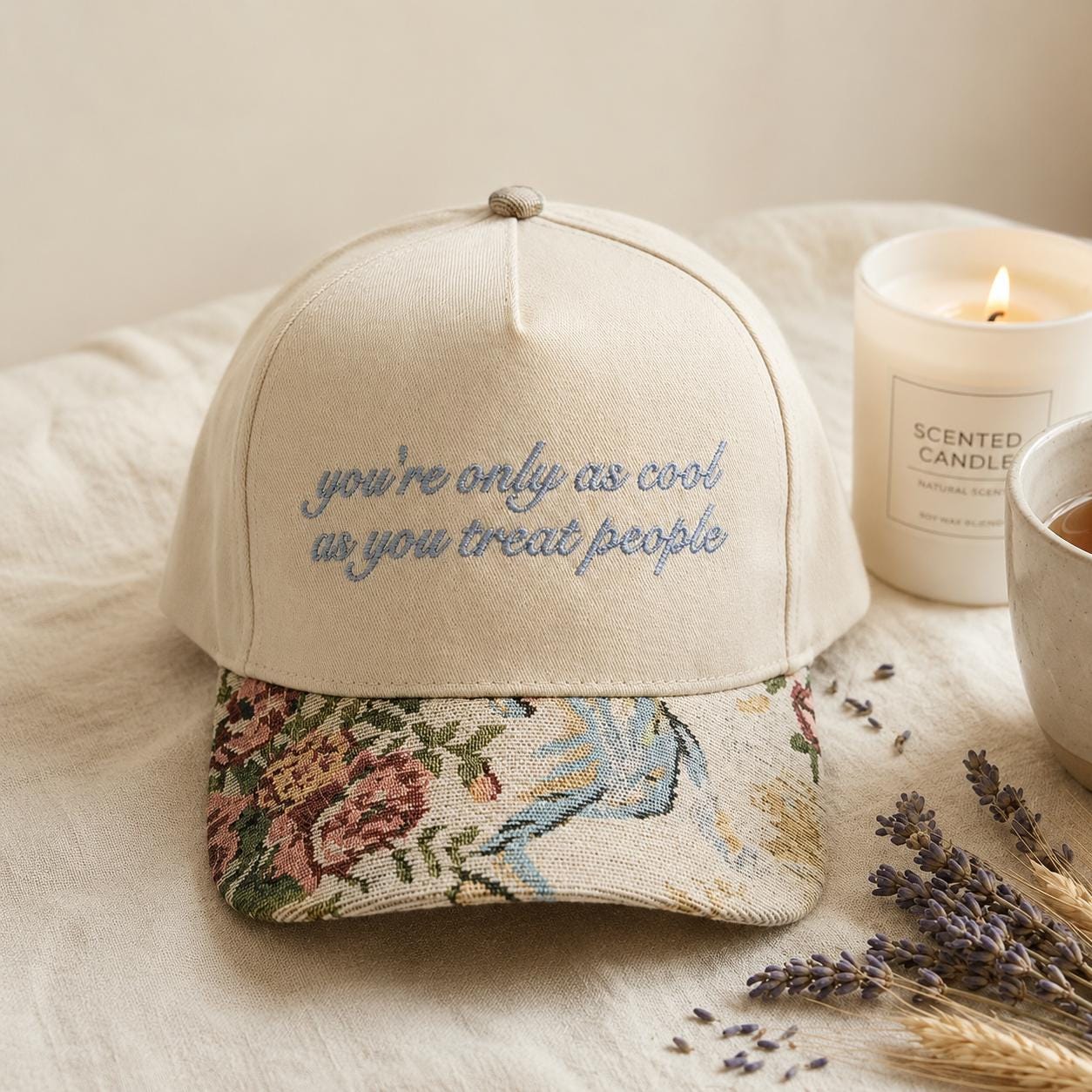 Khaki embroidered baseball cap with the message you're only as cool as you treat people and a floral patterned brim