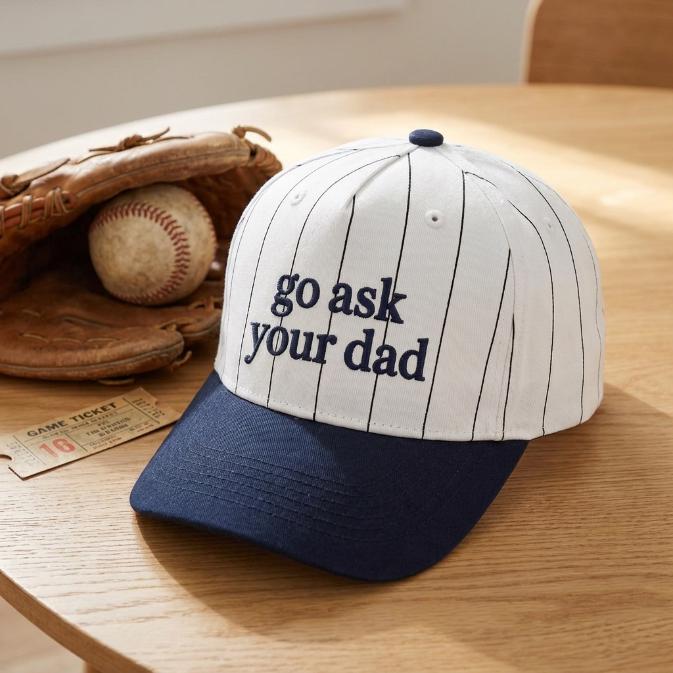 Navy brim pinstripe baseball cap with stitched Go Ask Your Dad lettering