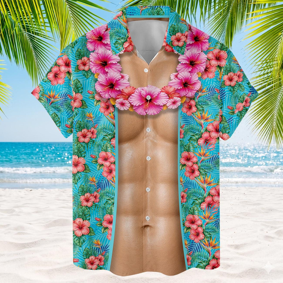 Close front view of tropical floral Hawaiian shirt with button details and muscle torso graphic