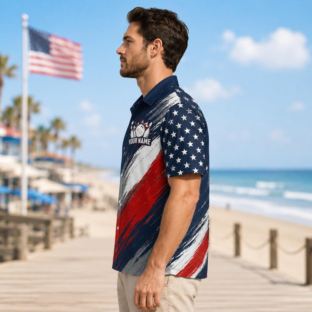 Side view of the short-sleeve patriotic bowling Hawaiian shirt