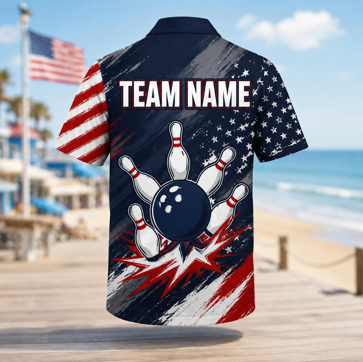 Close front view showing stars, red and white brushstroke stripes, and bowling graphic
