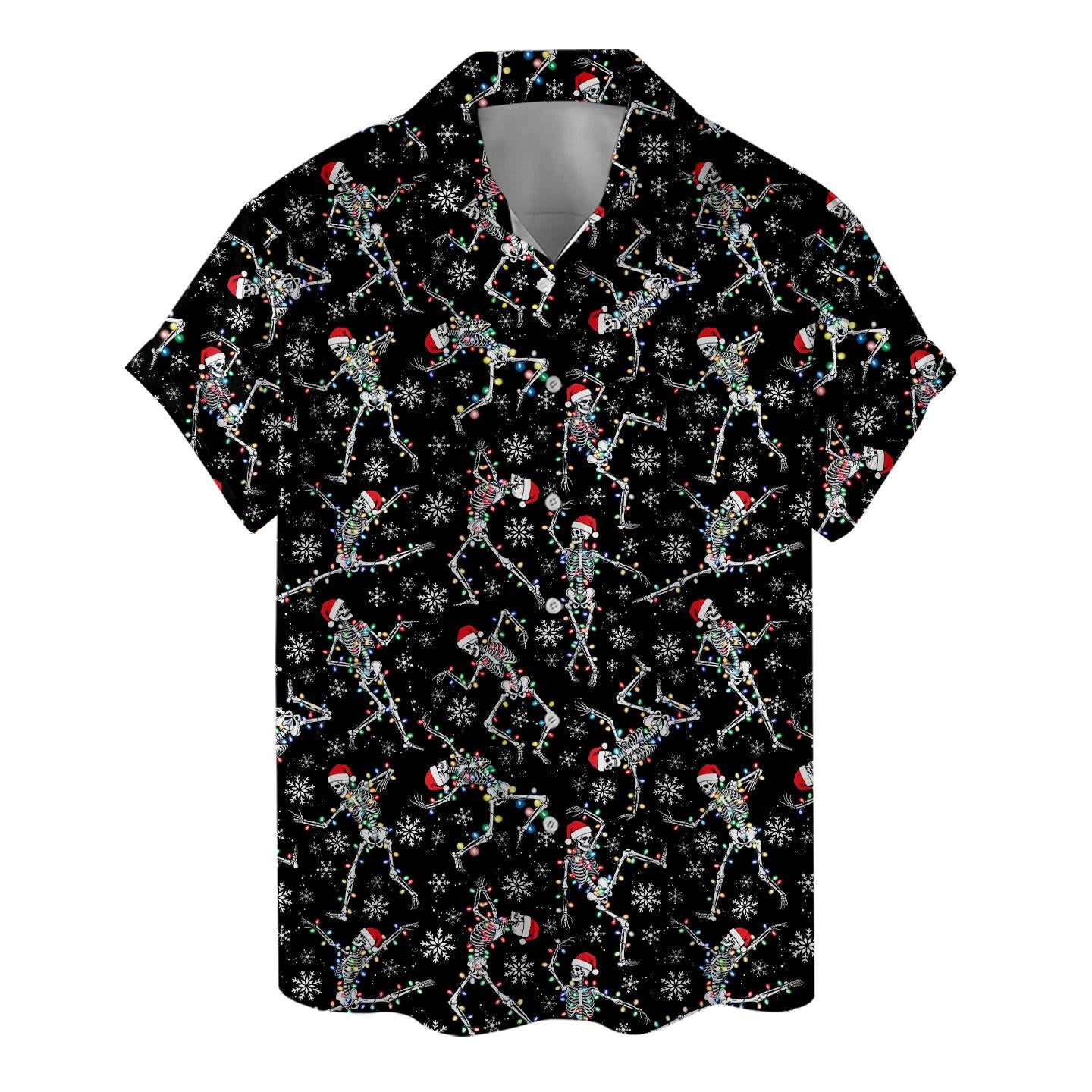 Flat lay view of black Christmas skeleton Hawaiian shirt