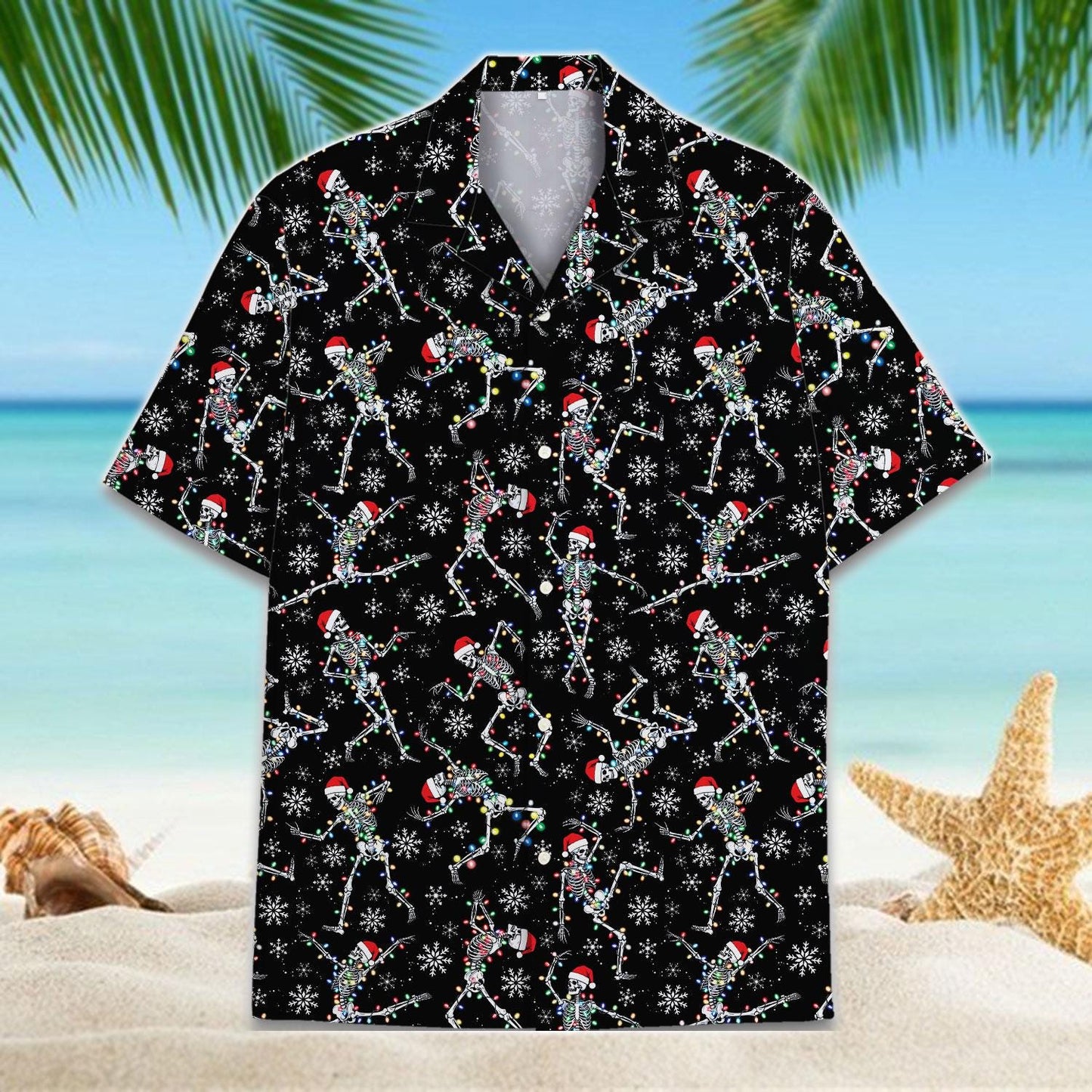 Black Hawaiian shirt with colorful skeleton Santa pattern and snowflakes