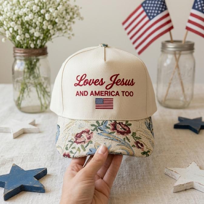 Front view of Christian embroidered hat with floral brim held from below