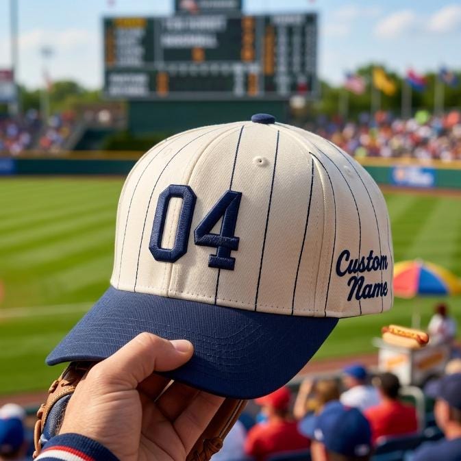 Pinstripe baseball hat with embroidered 04 and custom name detail at a baseball stadium