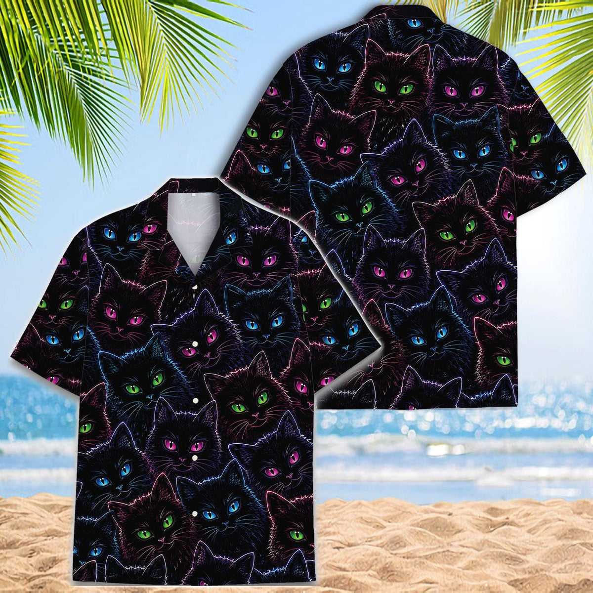 Two views of the colorful neon cat Hawaiian shirt