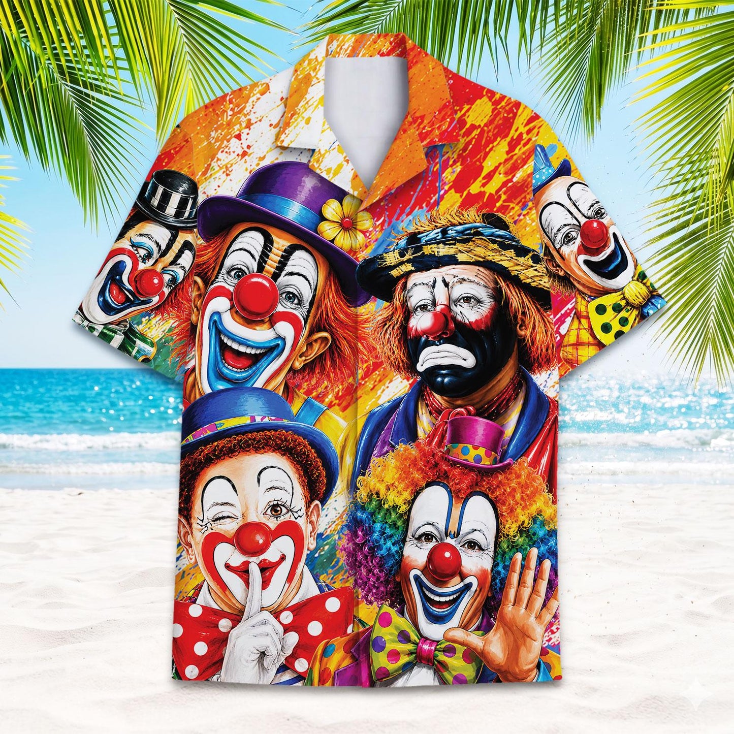 Hawaiian shirt featuring expressive clowns in colorful hats and costumes