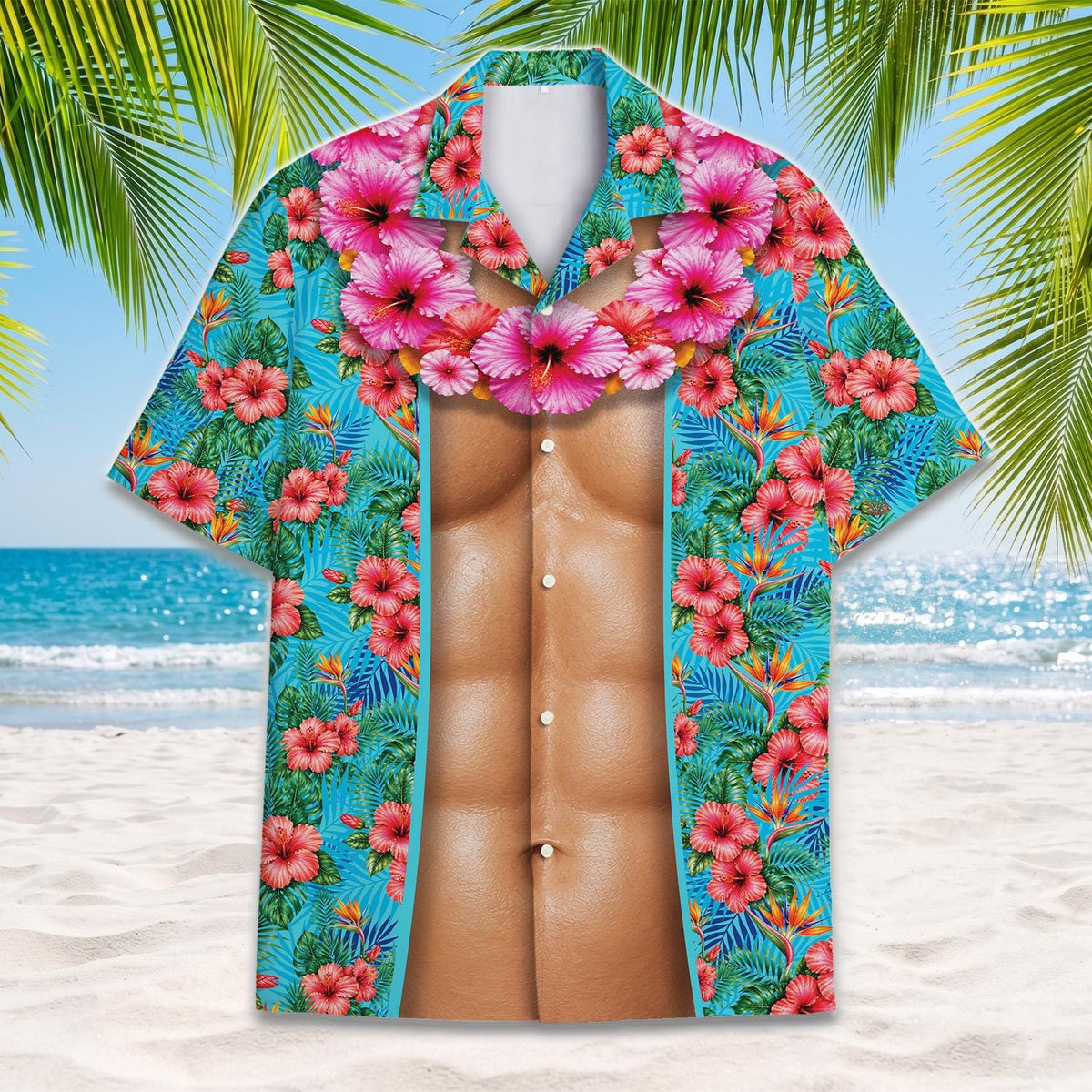 Front view of a turquoise Hawaiian shirt with pink hibiscus flowers and a novelty muscular torso print