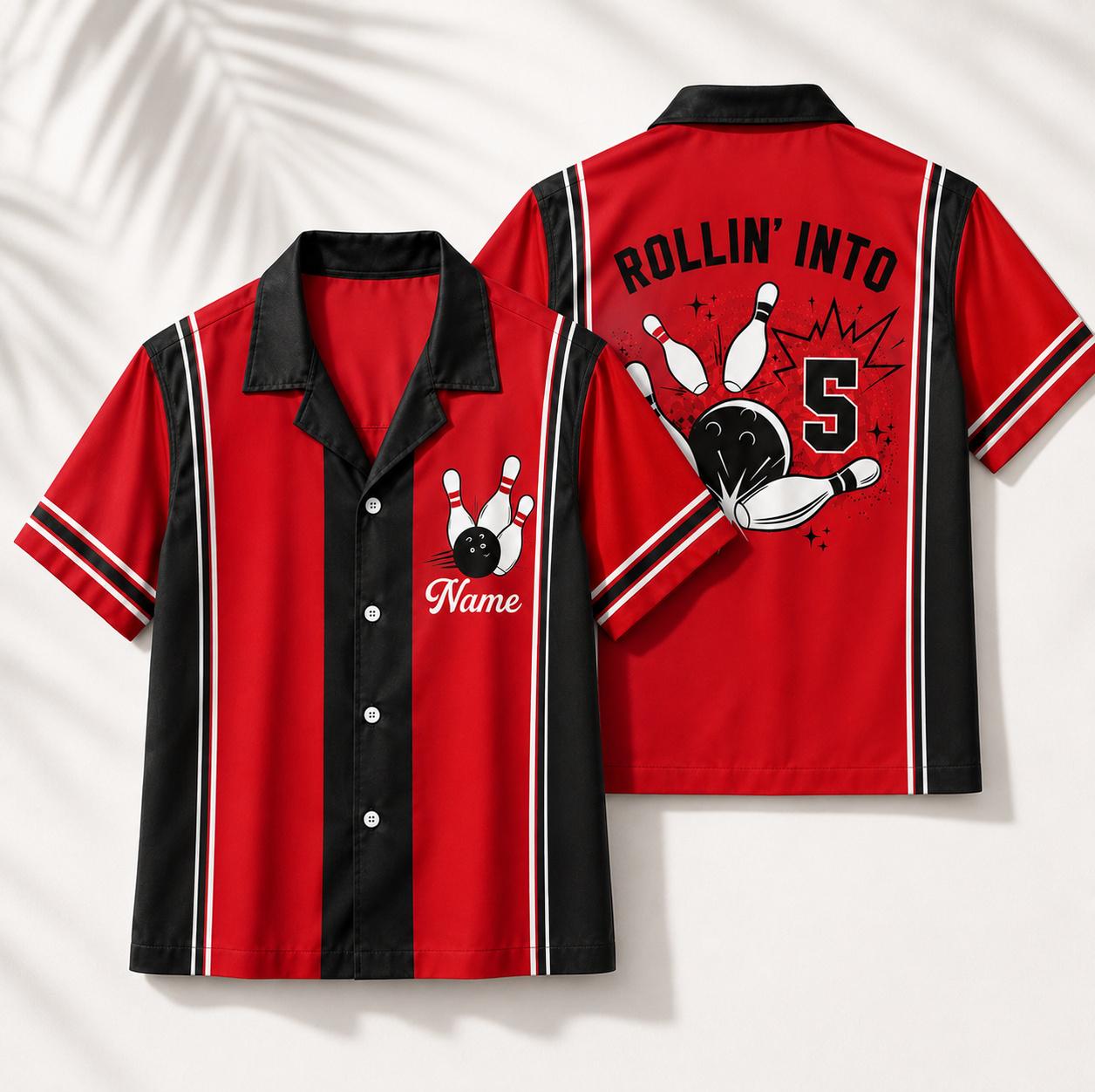 Pink bowling shirt with black contrast panels and bowling graphic