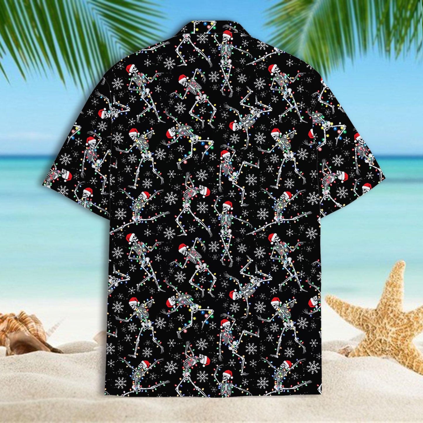 Front view of festive skeleton Santa Hawaiian shirt on a beach background