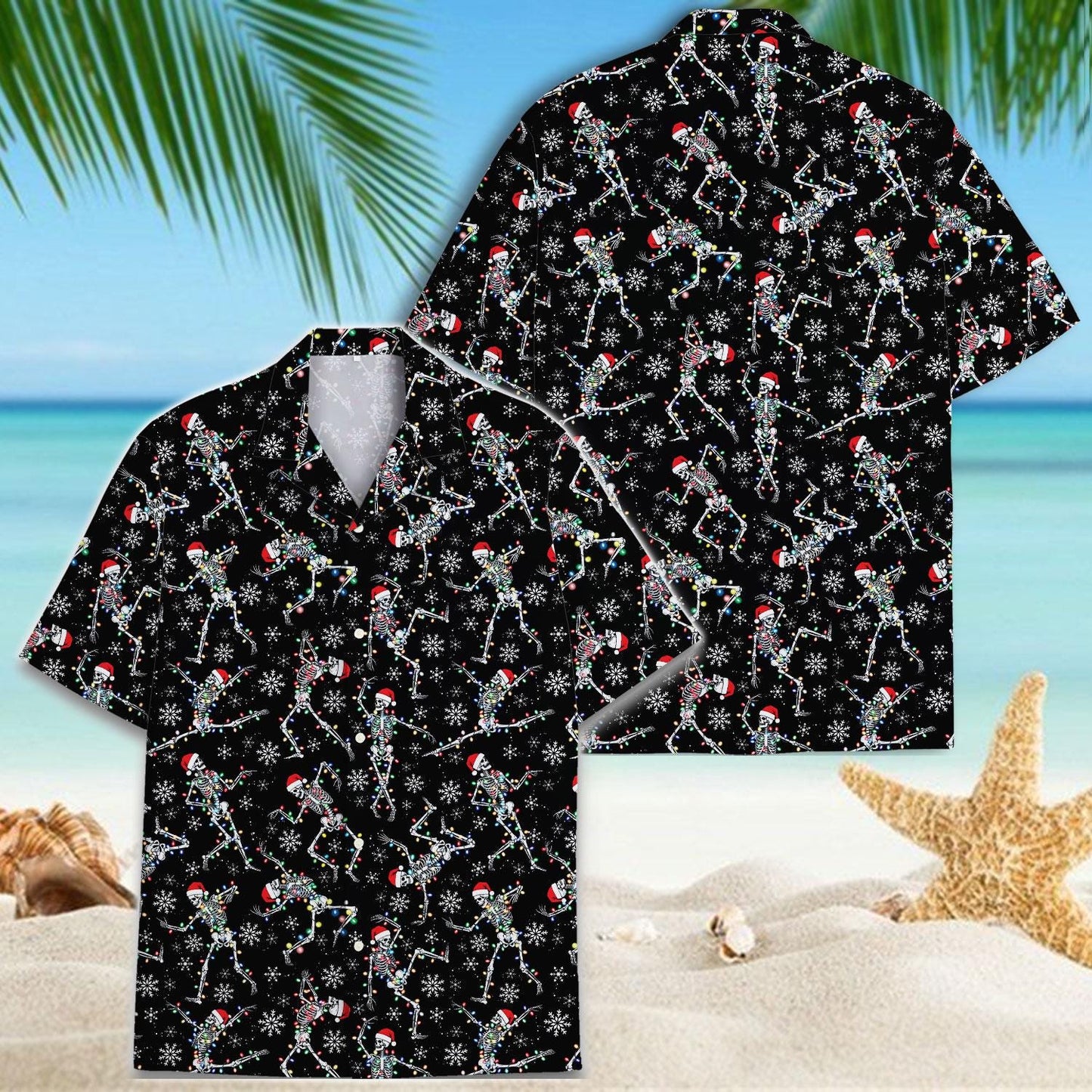 Back view of black holiday Hawaiian shirt with allover skeleton print