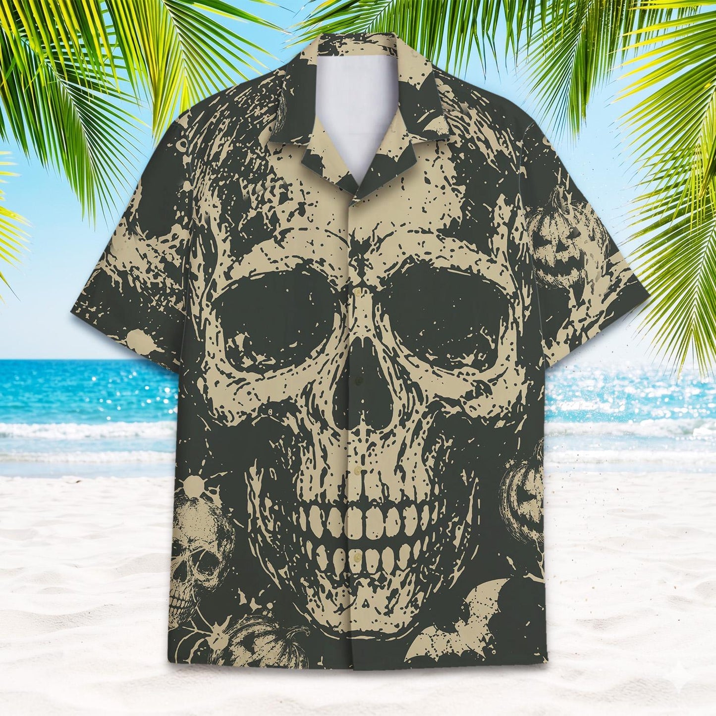 Front view of a charcoal and beige Hawaiian shirt with a large allover skull graphic