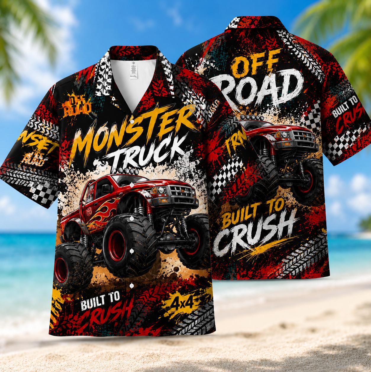 Front view of a black monster truck Hawaiian shirt with red 4x4 racing graphics