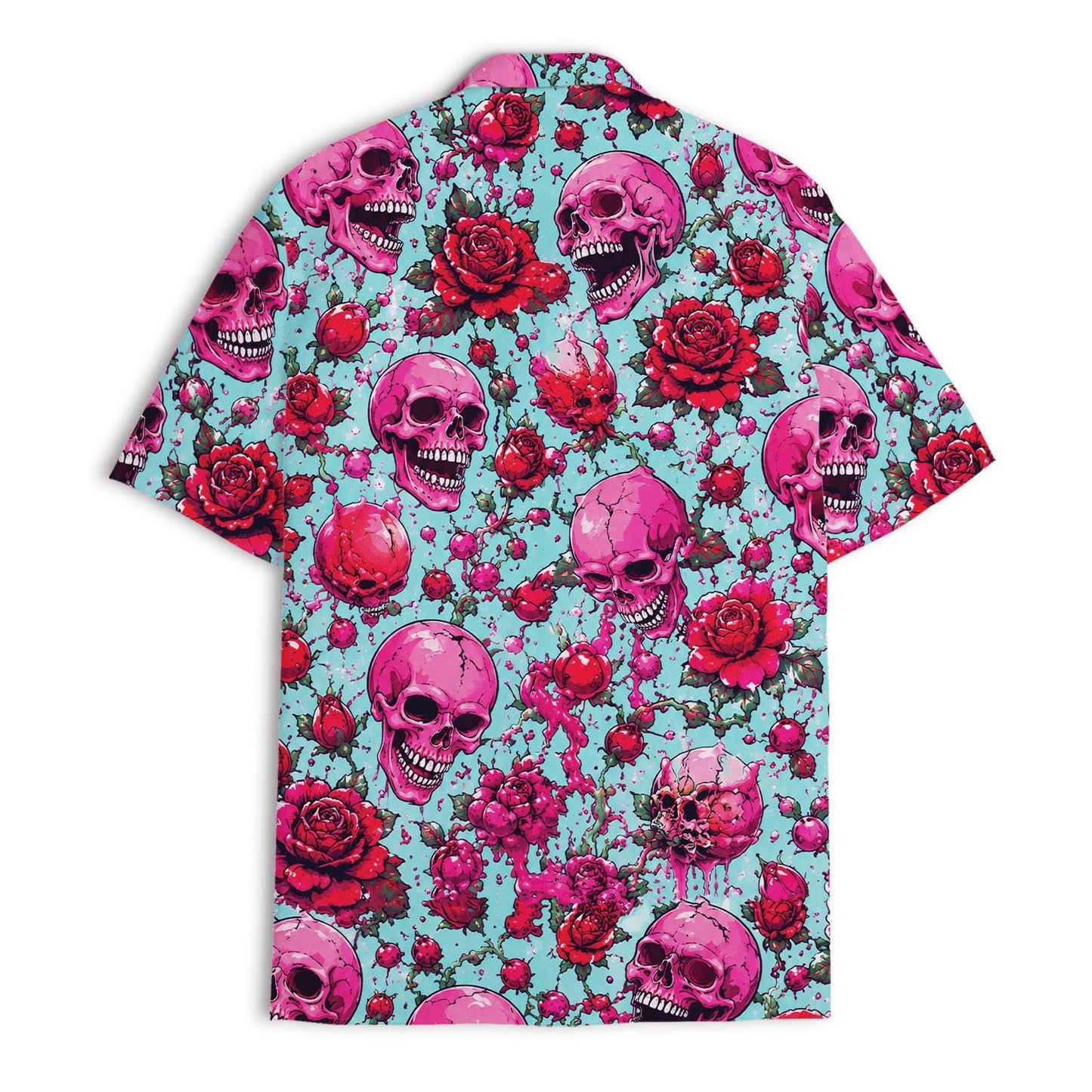 Back view showing the all-over skull and rose print on a Hawaiian shirt
