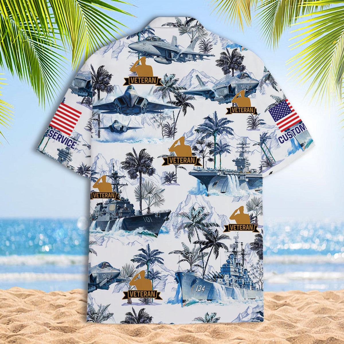 Back view of a veteran military Hawaiian shirt with tropical scenery and aircraft print