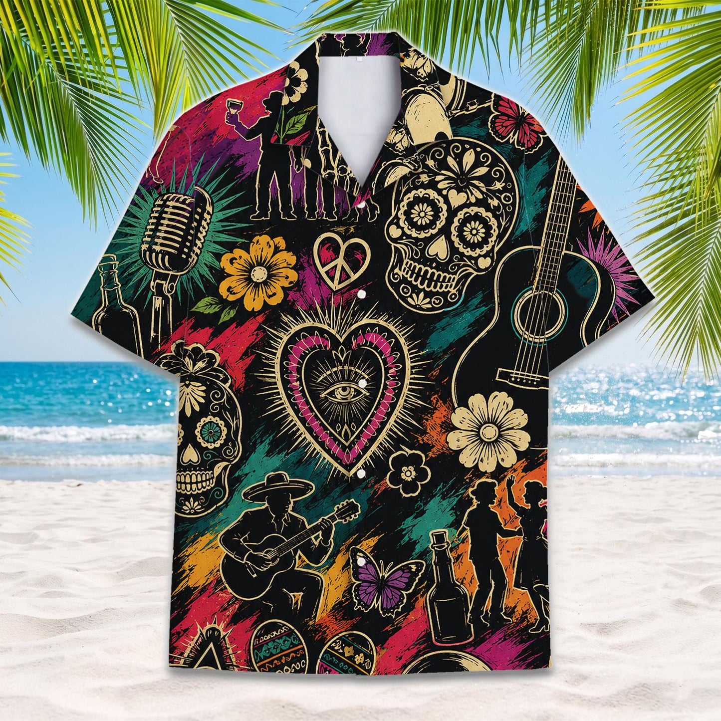 Front view of a sugar skull Hawaiian shirt with guitars, flowers and heart artwork