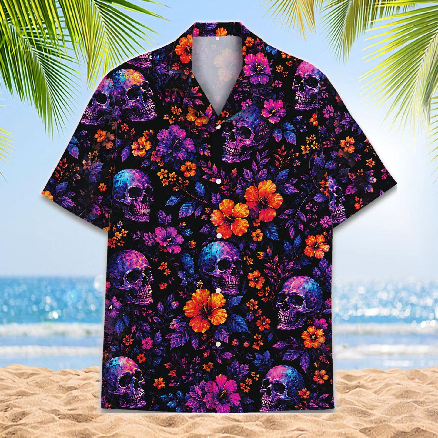 Front view of a black skull floral Hawaiian shirt with vibrant purple, blue, pink, and orange flowers