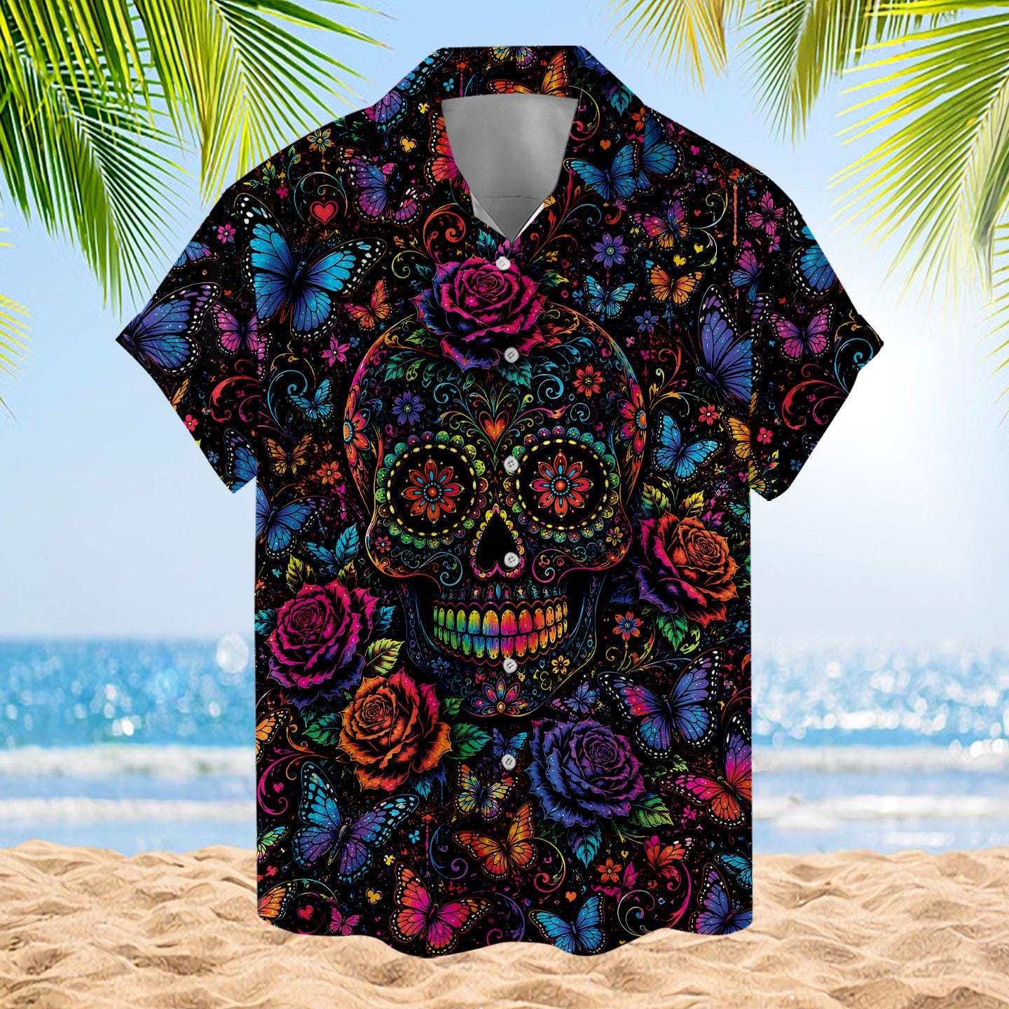 Short sleeve Hawaiian shirt featuring a colorful sugar skull and all-over floral pattern