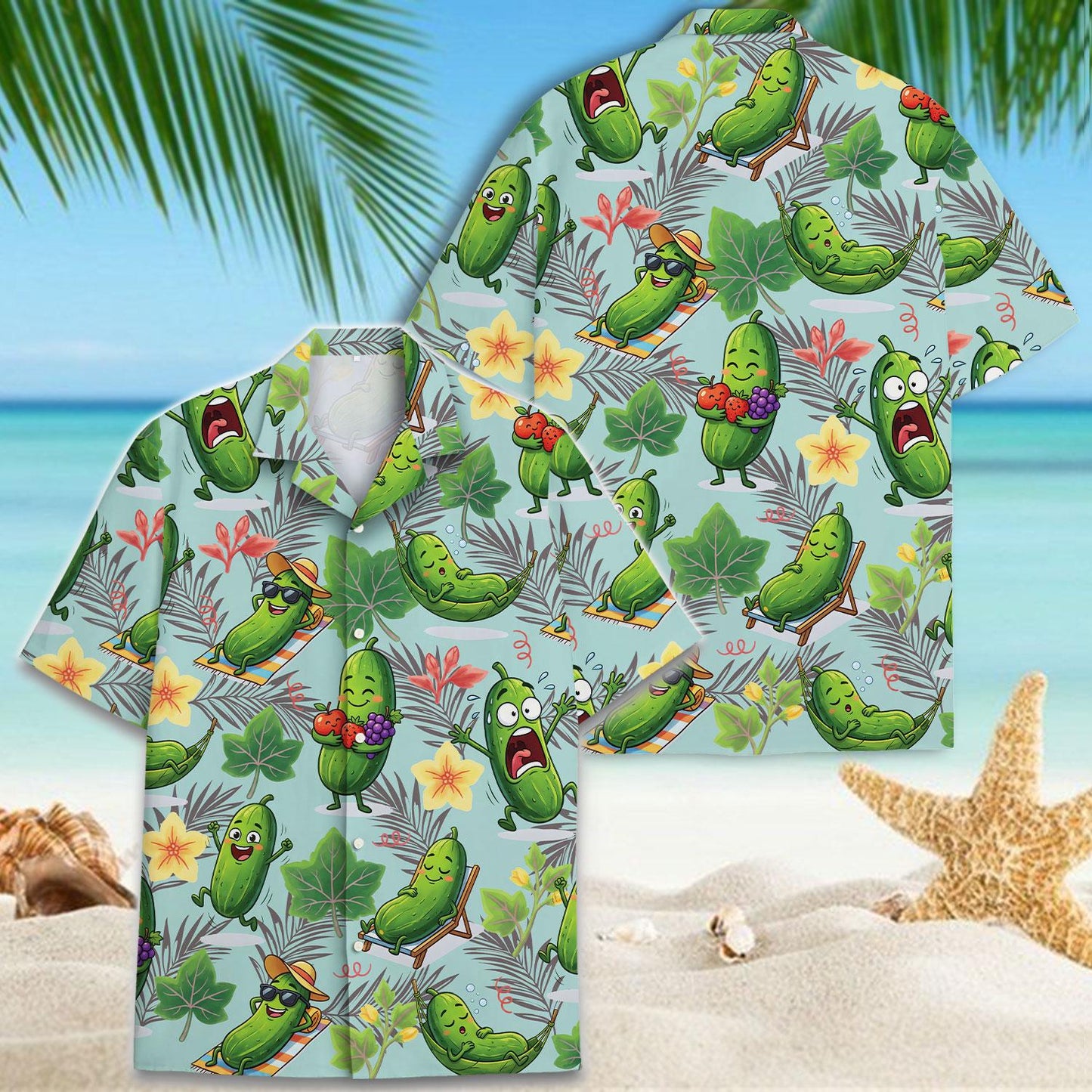 Two views of a playful pickle Hawaiian shirt with an all-over tropical print