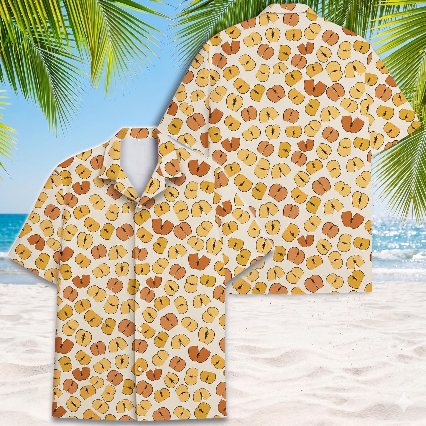 Gold abstract leaf Hawaiian shirt shown with a matching back view