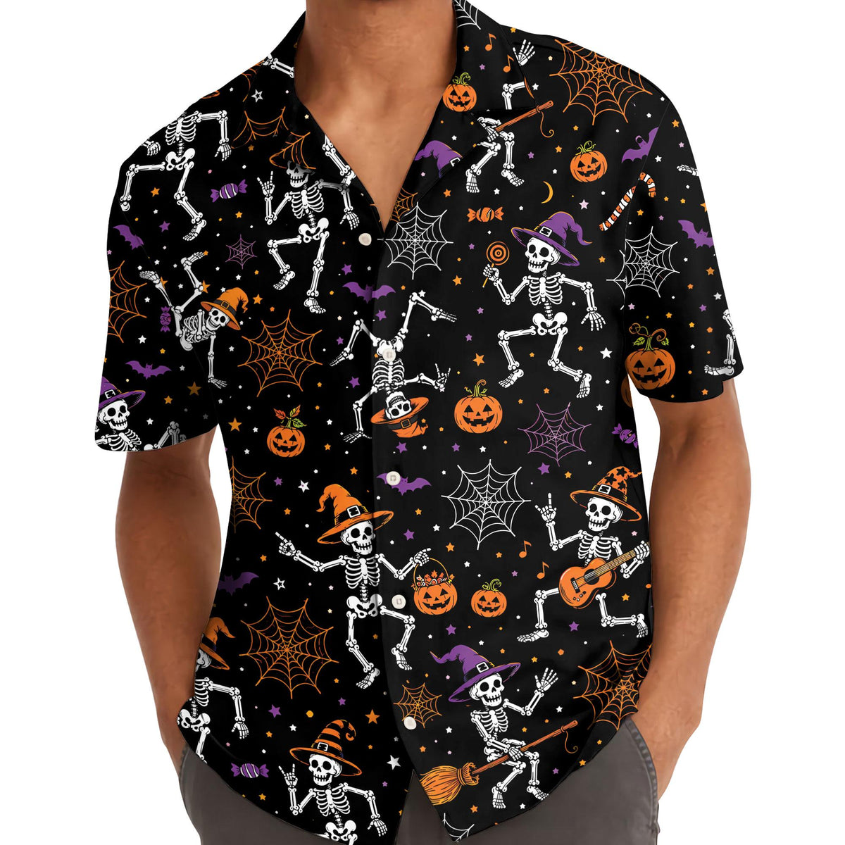 Model wearing a black skeleton, pumpkin and spiderweb Hawaiian shirt